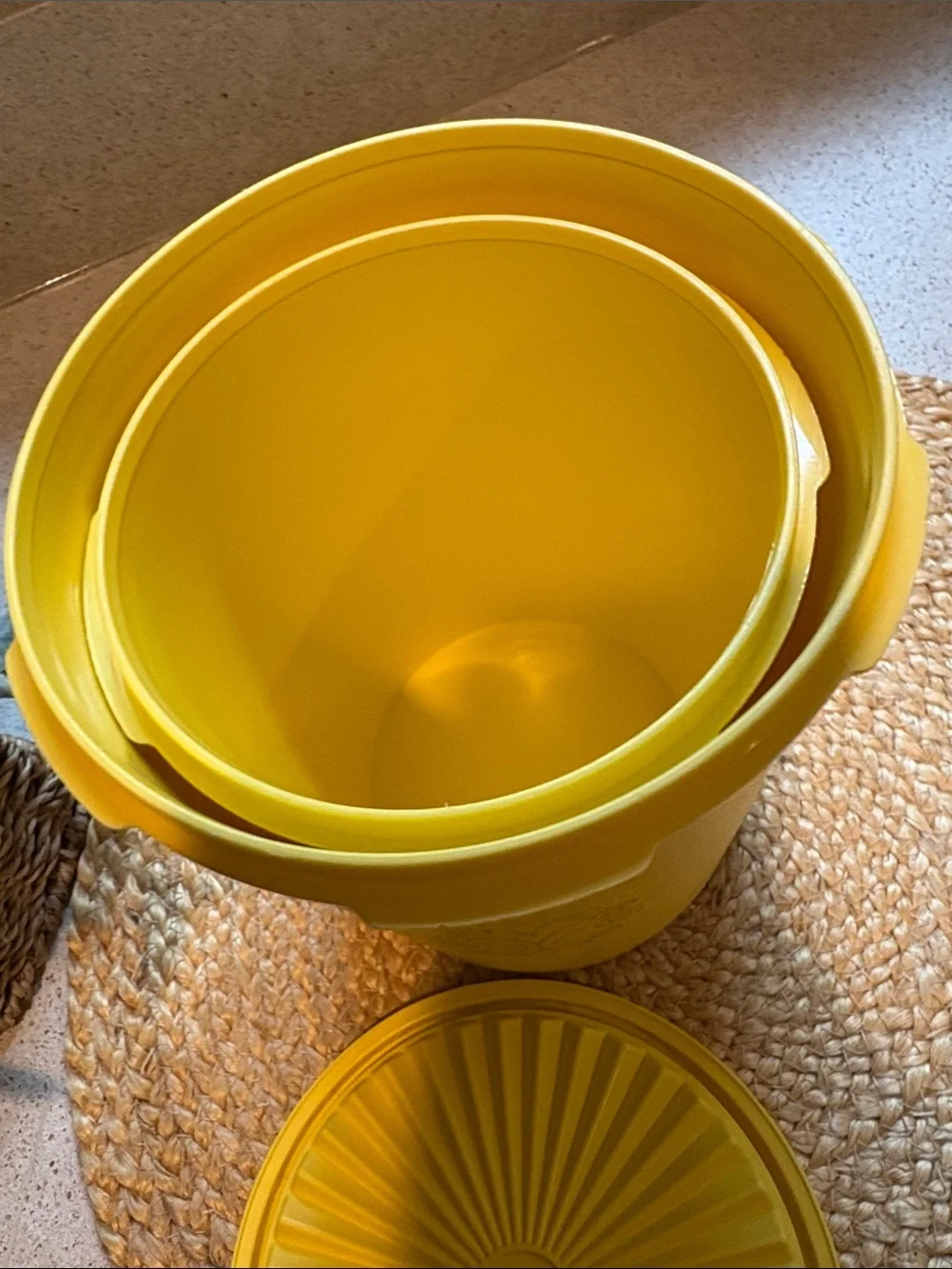 (2) Vintage Tupperware Yellow Servalier Canisters (809 and 811)